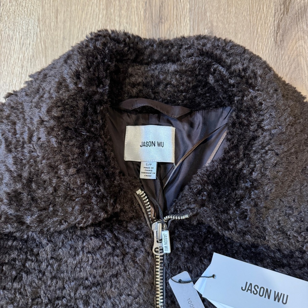 Jason Wu Chocolate Brown Faux Fur Jacket Women's Small‎ Teddy Zipper Coat NWT - Picture 2 of 9